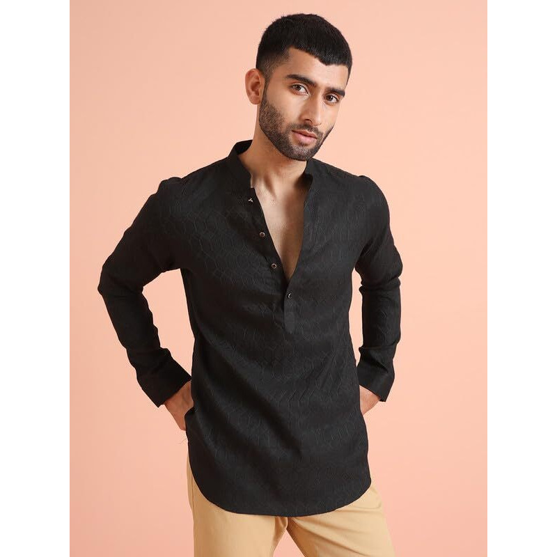 Kisah Men's Short Kurta, Black Silk Blend, Woven Design Regular Fit Mandarin Collar Long Sleeves (42)