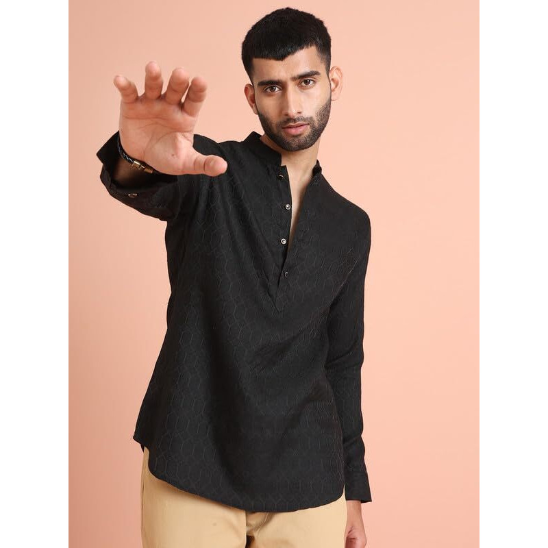 Kisah Men's Short Kurta, Black Silk Blend, Woven Design Regular Fit Mandarin Collar Long Sleeves (42)