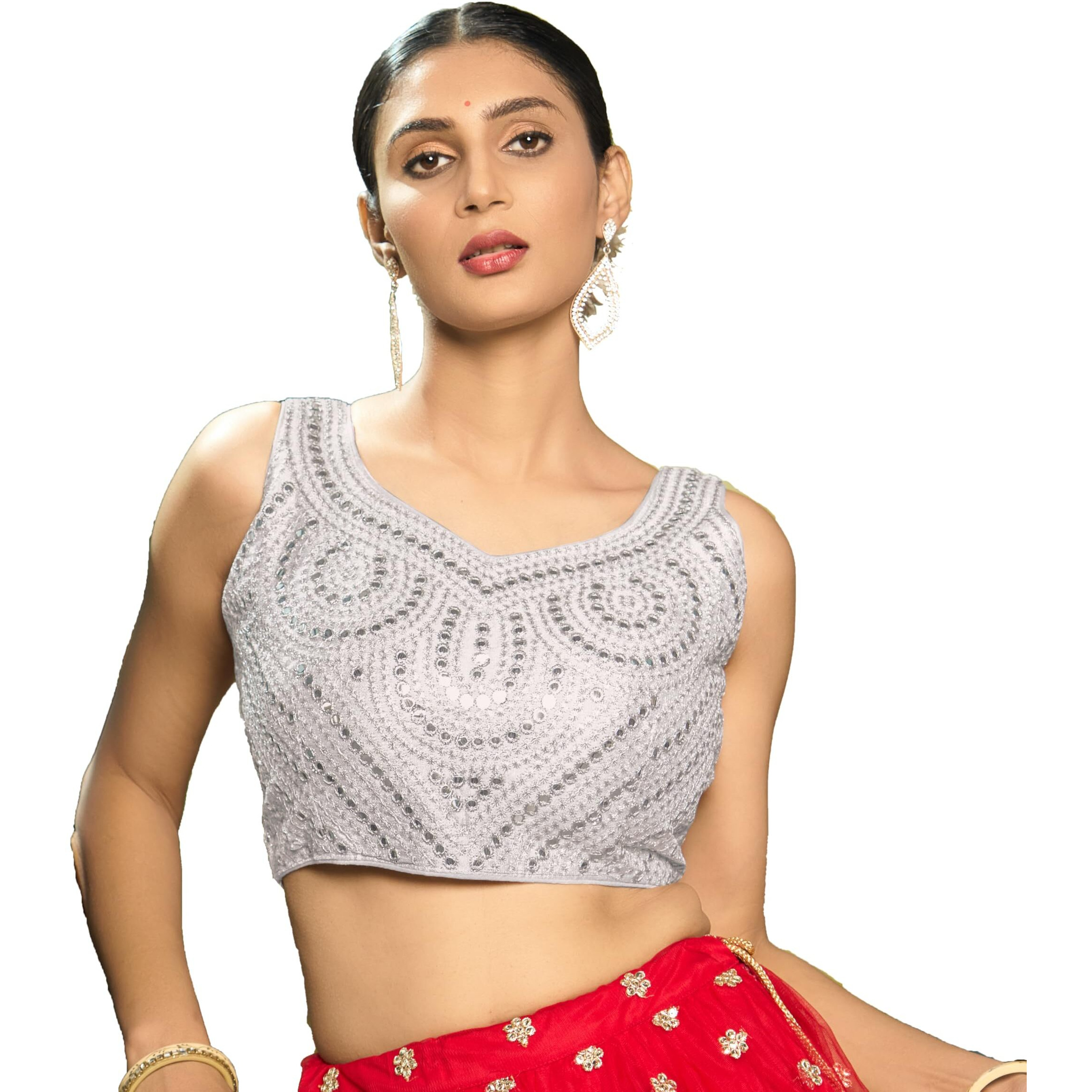 Pujia Mills Fancy Women's Foil Mirror And Thread Zari Work Sweetheart Neck Silk Sleeveless Blouse (Pc Bindi Foil Parent) (White-Silver Zari, 34)