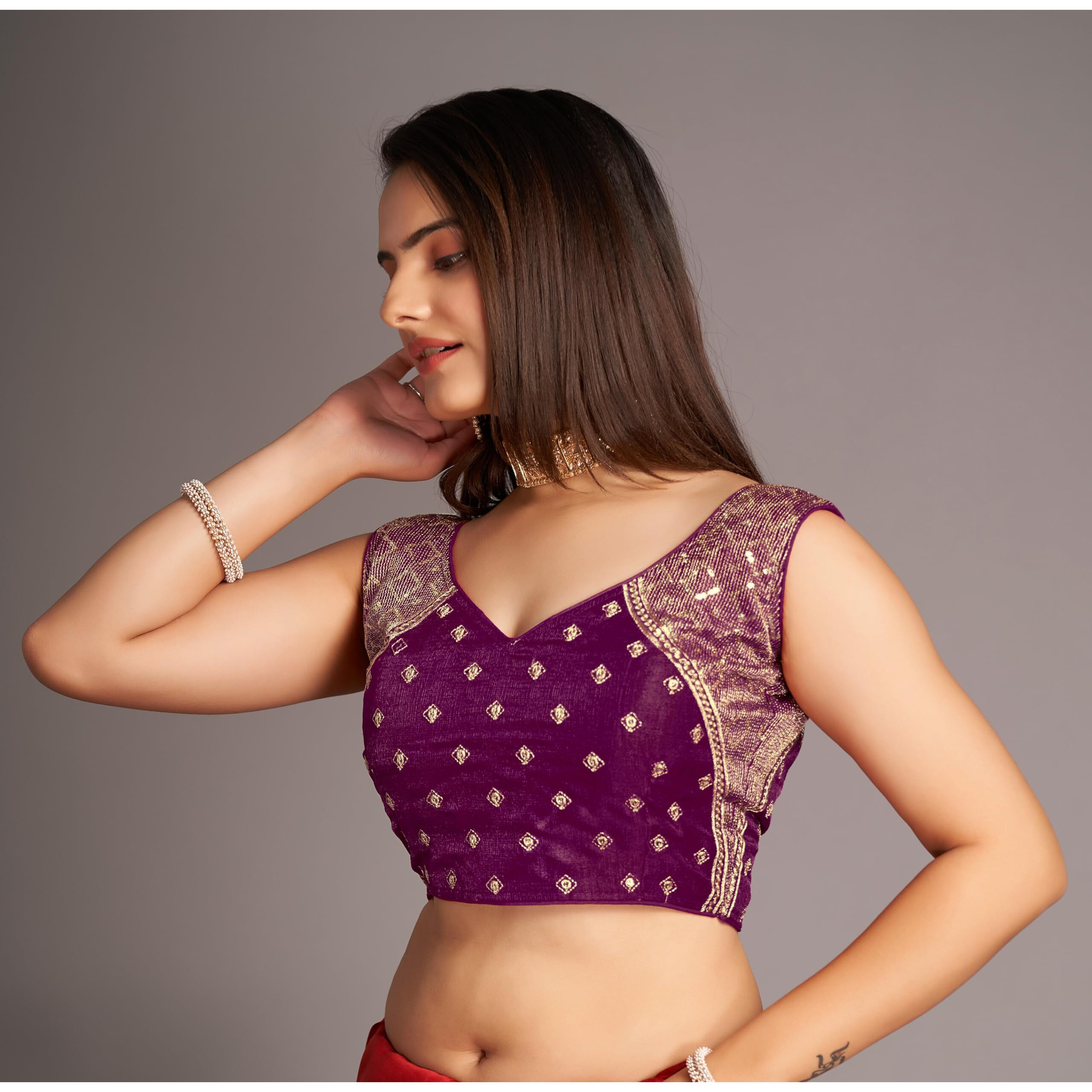 Pujia Mills Women's Sequin Embroidered V Neck Sleeveless Wine Readymade Saree Blouse Indian Ethnic Stitched Padded Blouses For Women