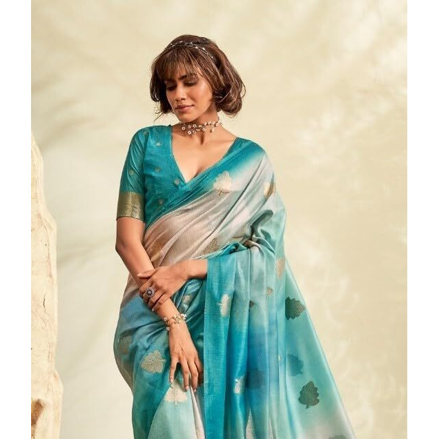 Pujia Mills Women's Leaf Zari Woven Design With Ombre Print Silk Saree With Unstitched Blouse
