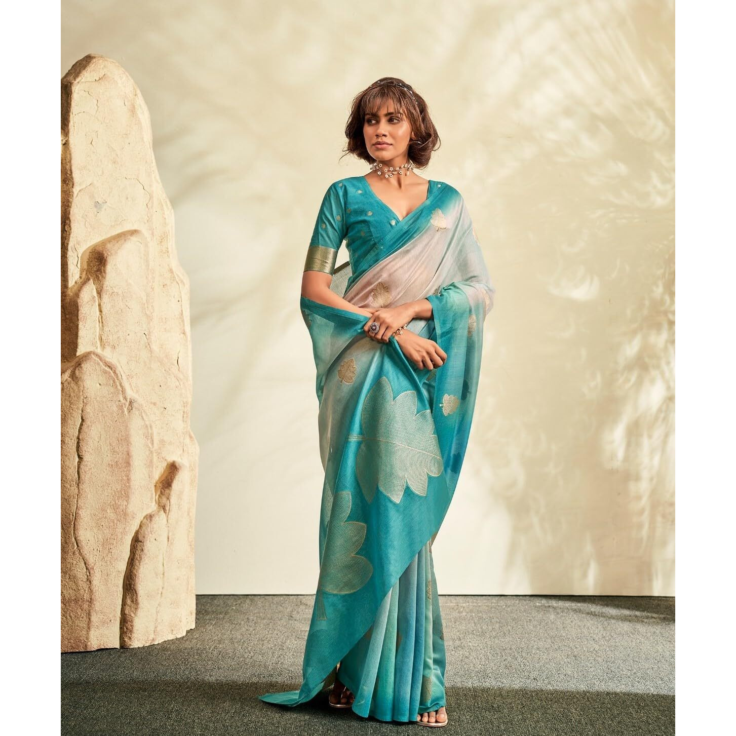 Pujia Mills Women's Leaf Zari Woven Design With Ombre Print Silk Saree With Unstitched Blouse