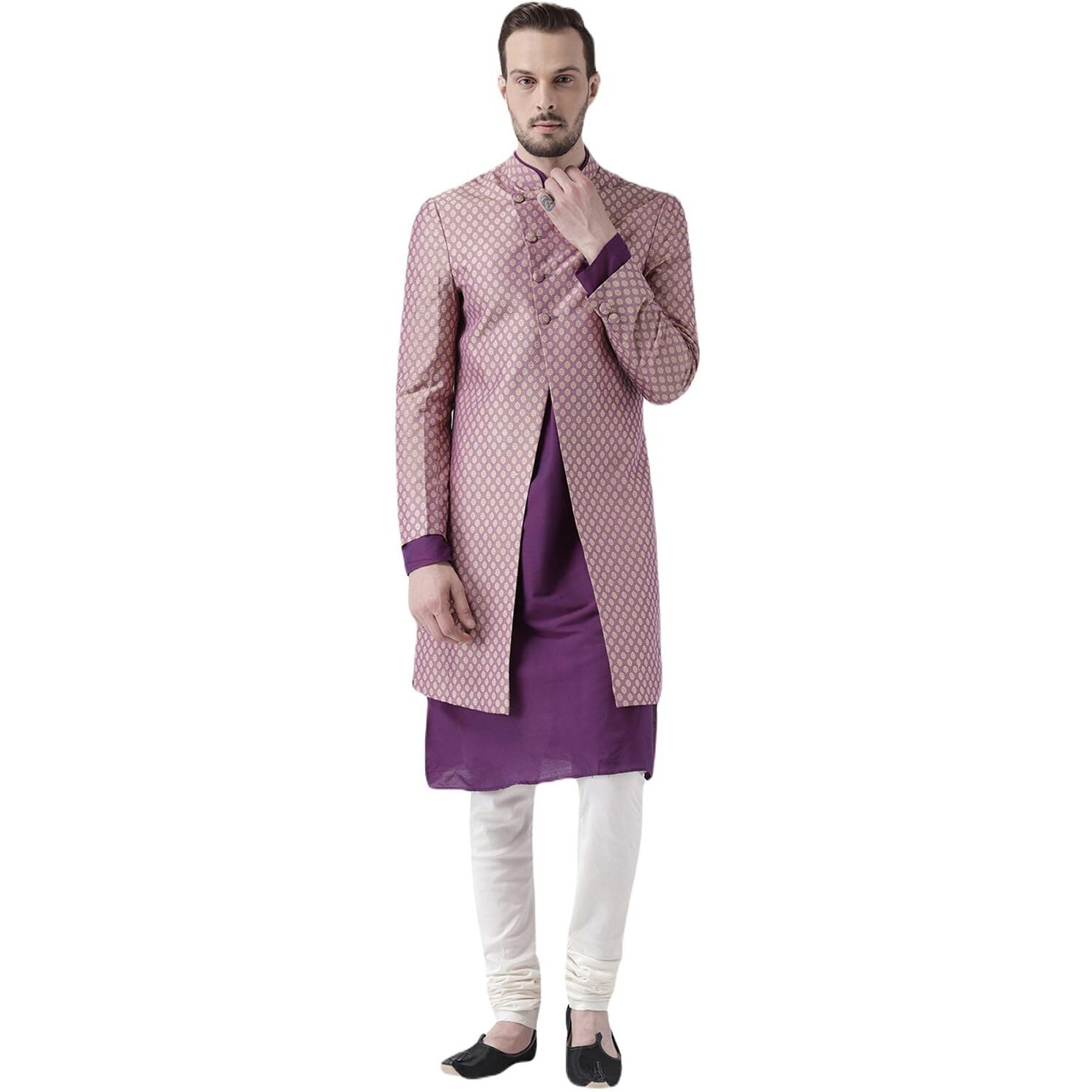 Kisah Men's Printed Indowestern Sherwani Set Cotton Blend Woven Design Full Sleaves, Knee Length, Straight, Regular Fit, Mandarin Collar Ethnic Wear
