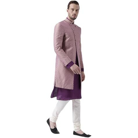 Kisah Men's Printed Indowestern Sherwani Set Cotton Blend Woven Design Full Sleaves, Knee Length, Straight, Regular Fit, Mandarin Collar Ethnic Wear