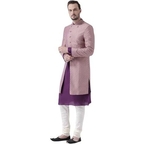 Kisah Men's Printed Indowestern Sherwani Set Cotton Blend Woven Design Full Sleaves, Knee Length, Straight, Regular Fit, Mandarin Collar Ethnic Wear