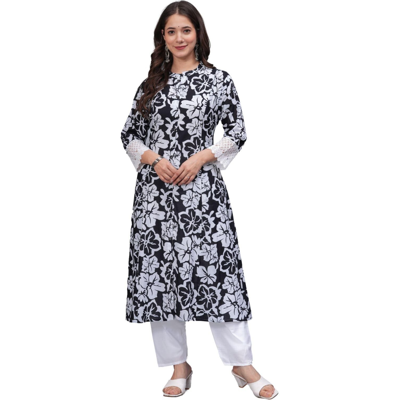 Rytras Women's Pure Cotton Printed A-Line Kurta Set With Palazzo Pants - Ethnic Wear, Black(Ryt619-New,S)