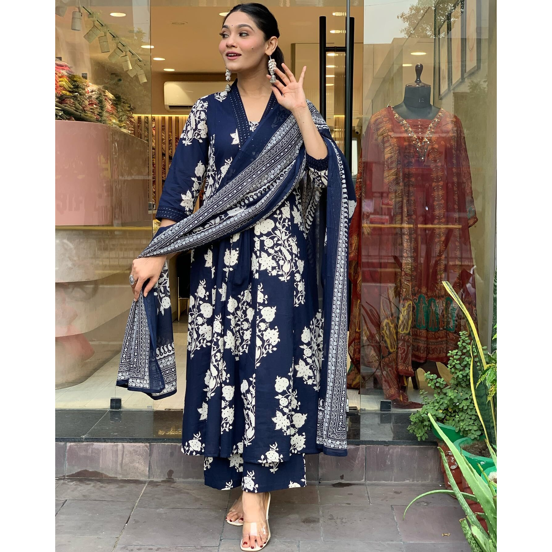 Toochki Kurta Set For Women | Kurti Set For Woman |Cotton Suit Set For Women | Navy Blue Dresses For Women Salwar Suit Set With Dupatta | Three Piece Embroidered Floral Printed Kurta Set