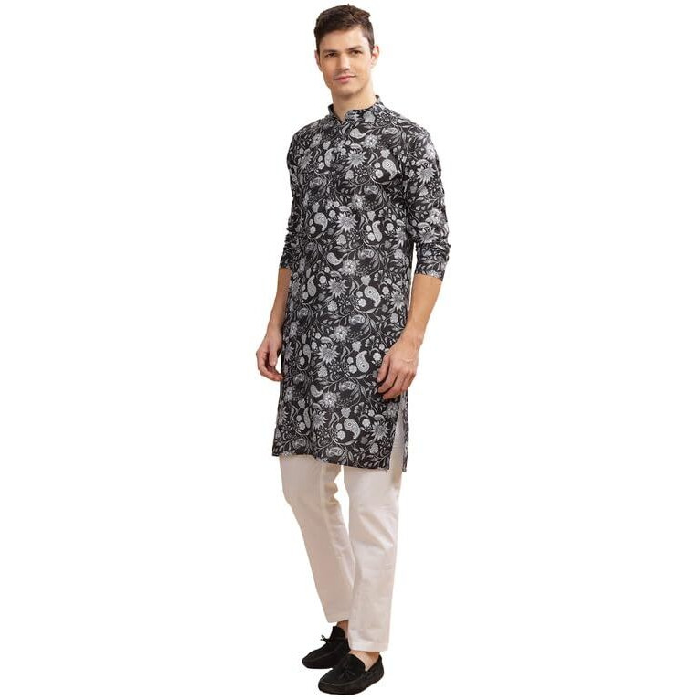 Be Active Men's Traditional Printed Full Sleeves Kurta || Cotton Kurta For Men || Men Kurta For Wedding || Kurta For Men (My0020 2 S) Black