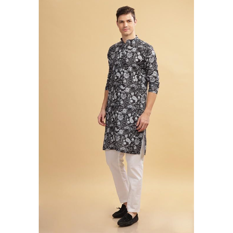 Be Active Men's Traditional Printed Full Sleeves Kurta || Cotton Kurta For Men || Men Kurta For Wedding || Kurta For Men (My0020 2 S) Black