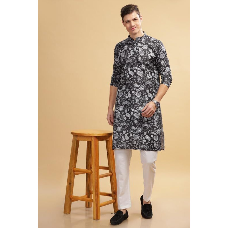 Be Active Men's Traditional Printed Full Sleeves Kurta || Cotton Kurta For Men || Men Kurta For Wedding || Kurta For Men (My0020 2 S) Black