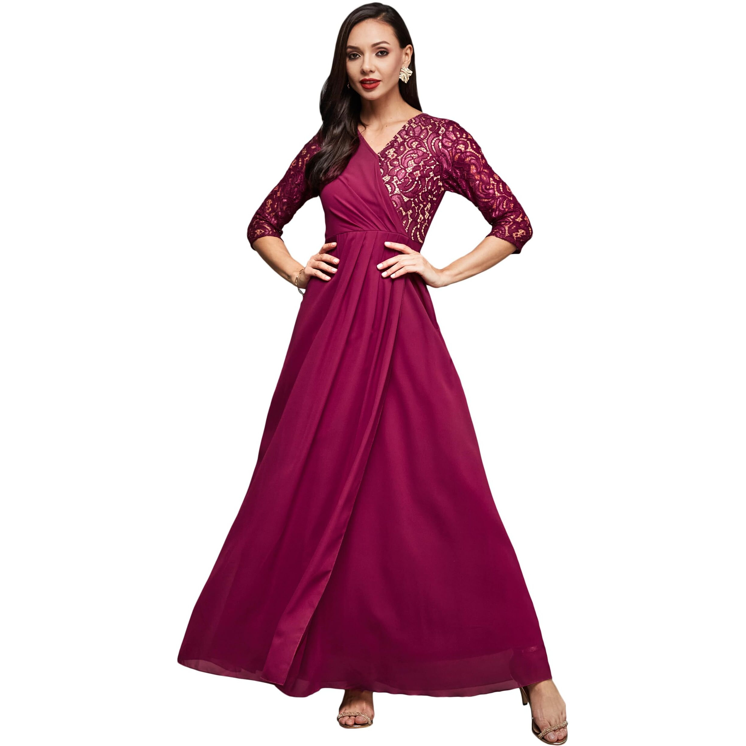 Miss Chase Women's V-Neck Three-Quarter Sleeve Self-Designed Wrap Maxi Georgette Dress (Mcss23D98-60-23-05, Dark Pink, L)
