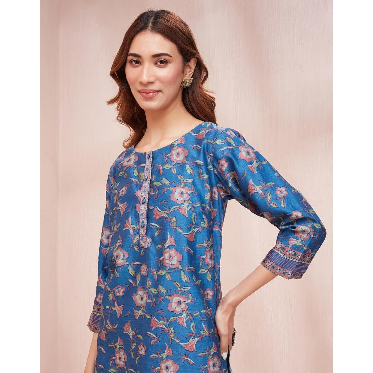 Fabindia Women's Cotton Silk Printed Slim Kurta (1037306Cobalt_Cobalt