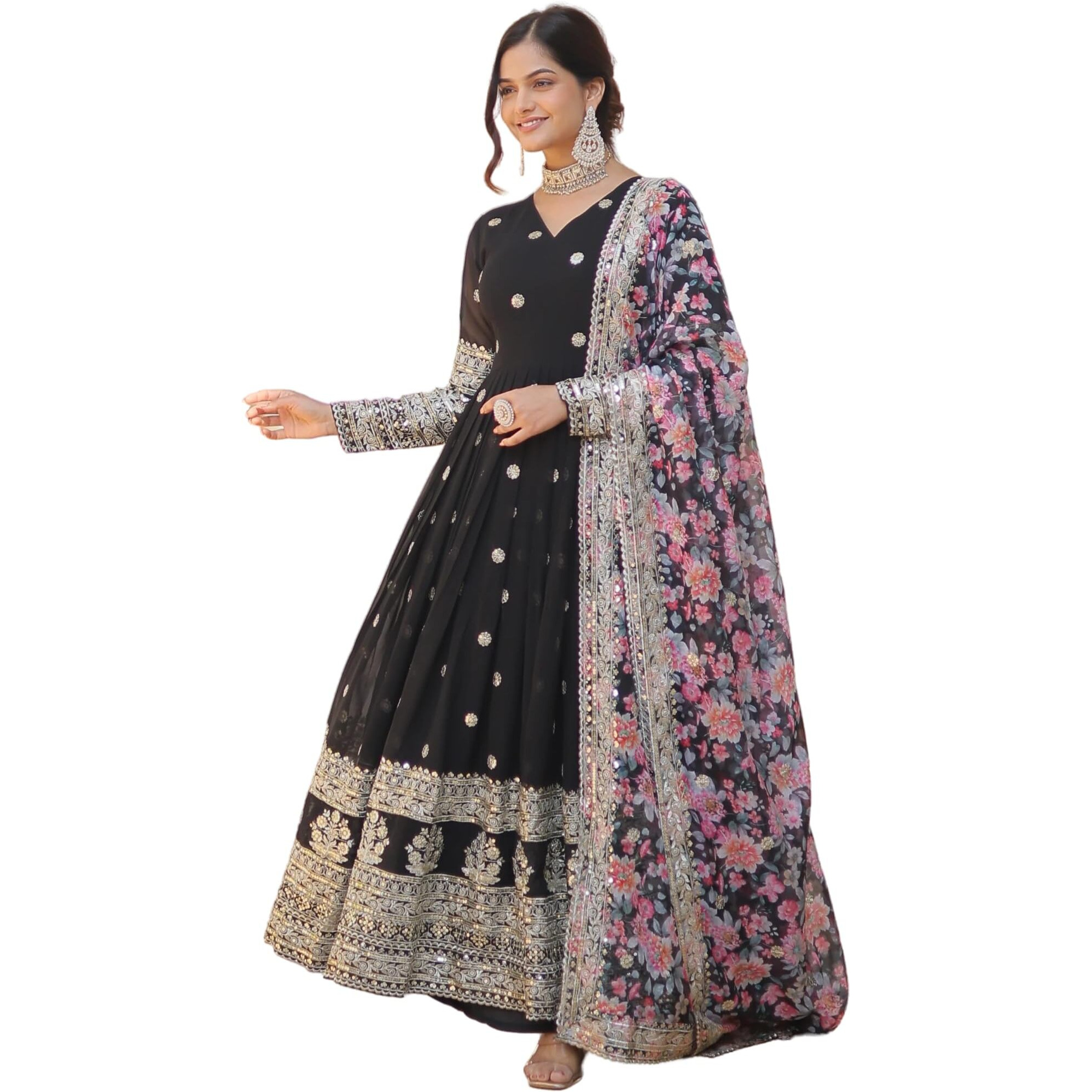 Fashion Basket Georgette Embroidered Dress For Women Black