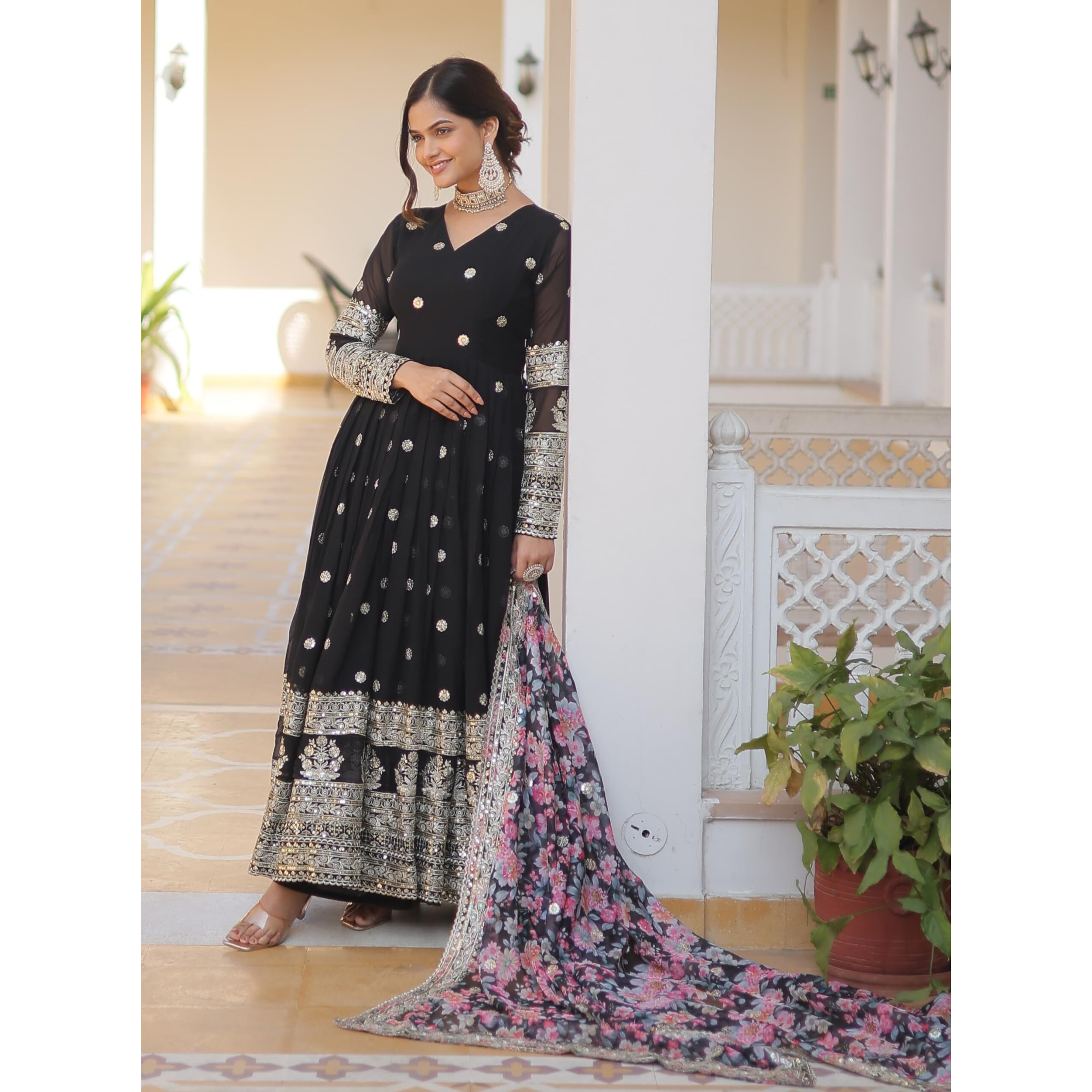 Fashion Basket Georgette Embroidered Dress For Women Black