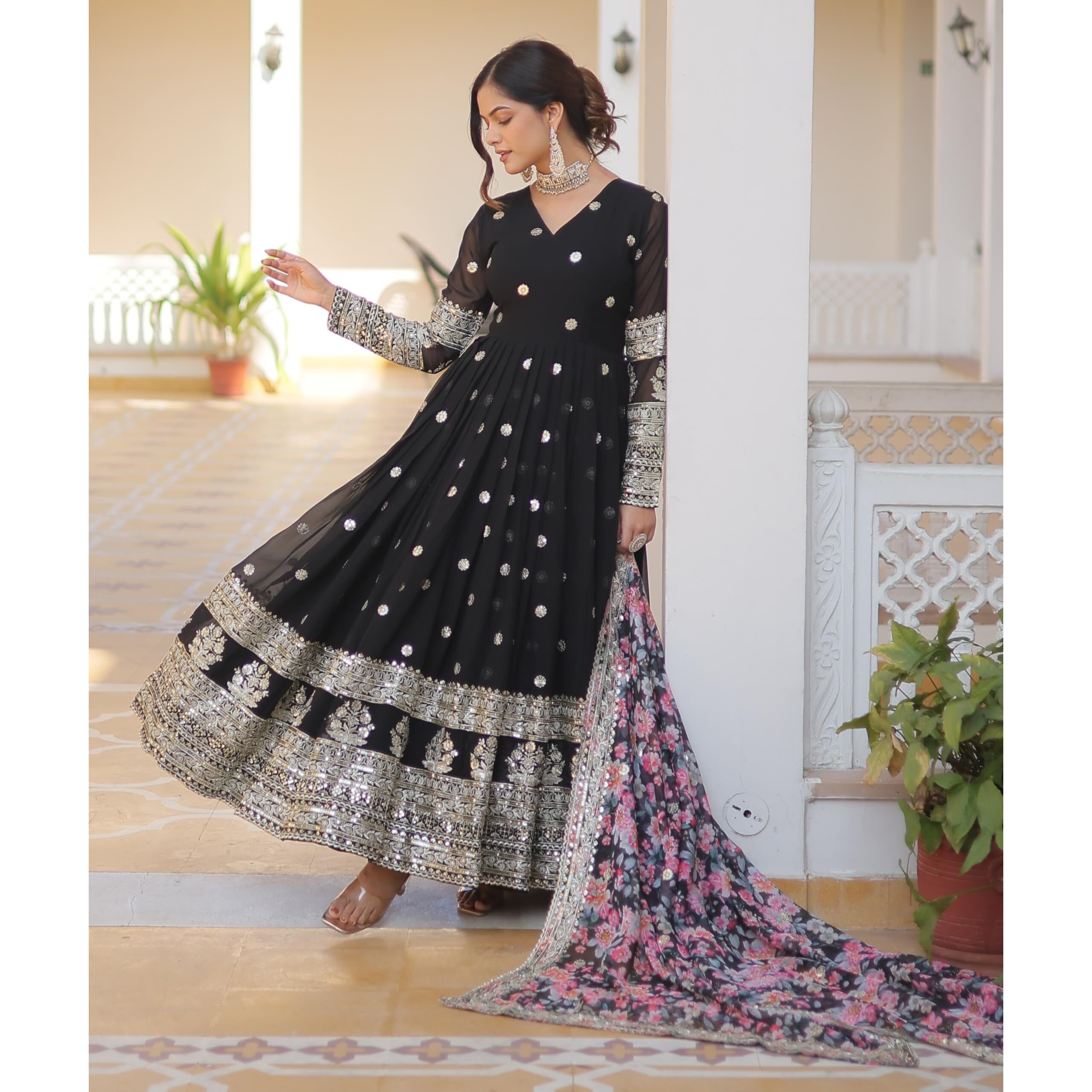 Fashion Basket Georgette Embroidered Dress For Women Black