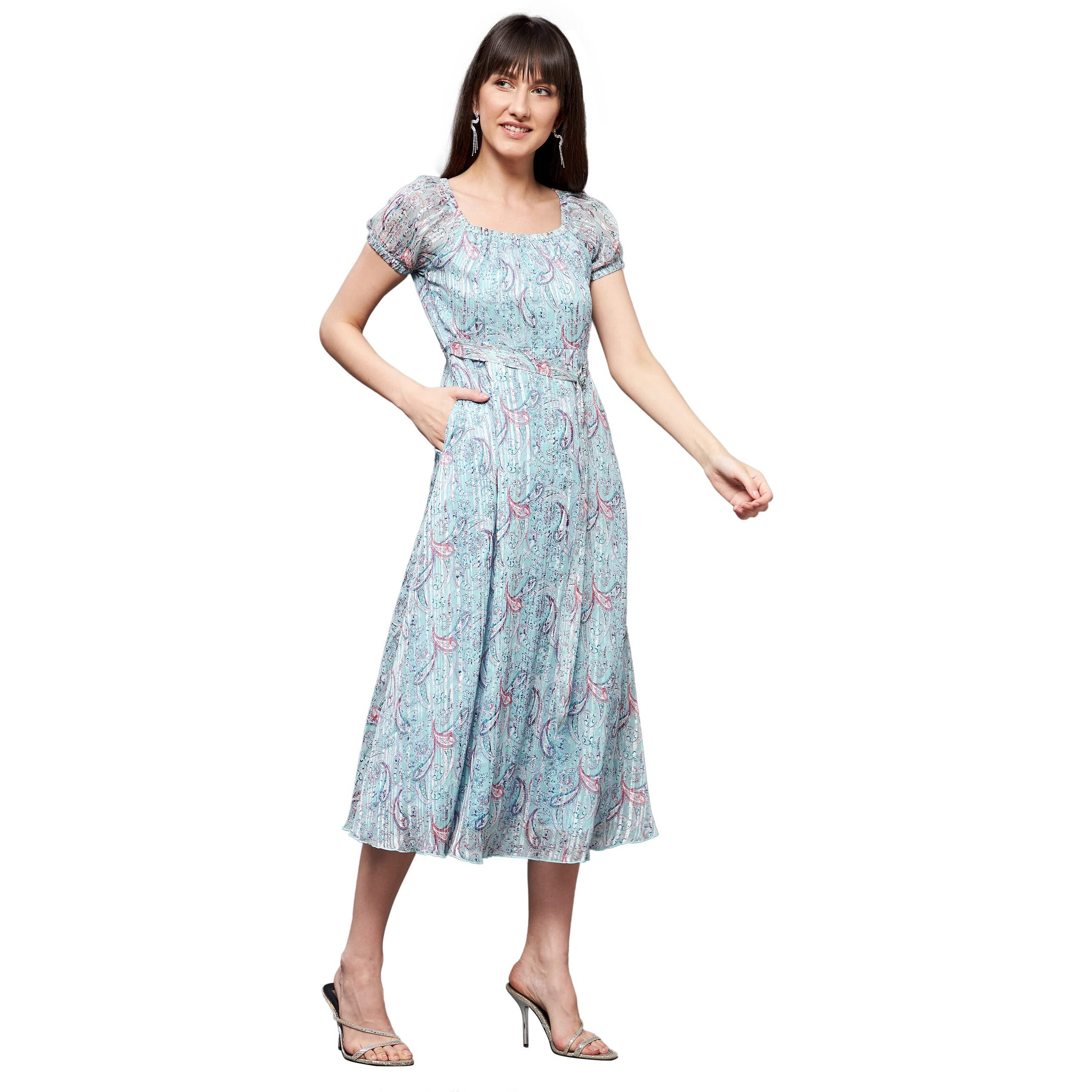 Miss Chase Women's Multicolored Base-Light Blue Square Neck Short Puff Sleeve Bohemian Fit & Flare Georgette Midi Dress (Mcss22D16-22-283-03, Blue, S)