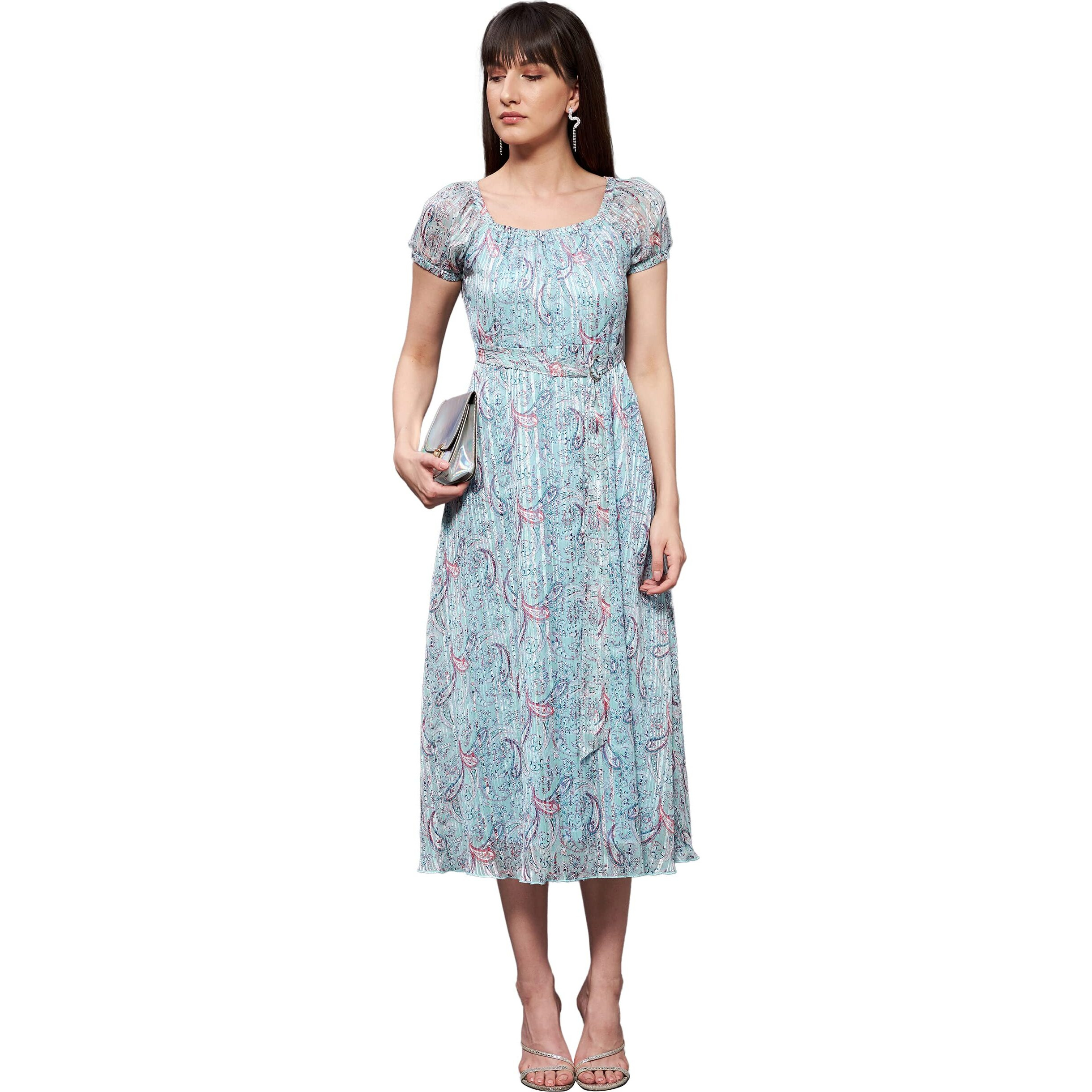Miss Chase Women's Multicolored Base-Light Blue Square Neck Short Puff Sleeve Bohemian Fit & Flare Georgette Midi Dress (Mcss22D16-22-283-03, Blue, S)