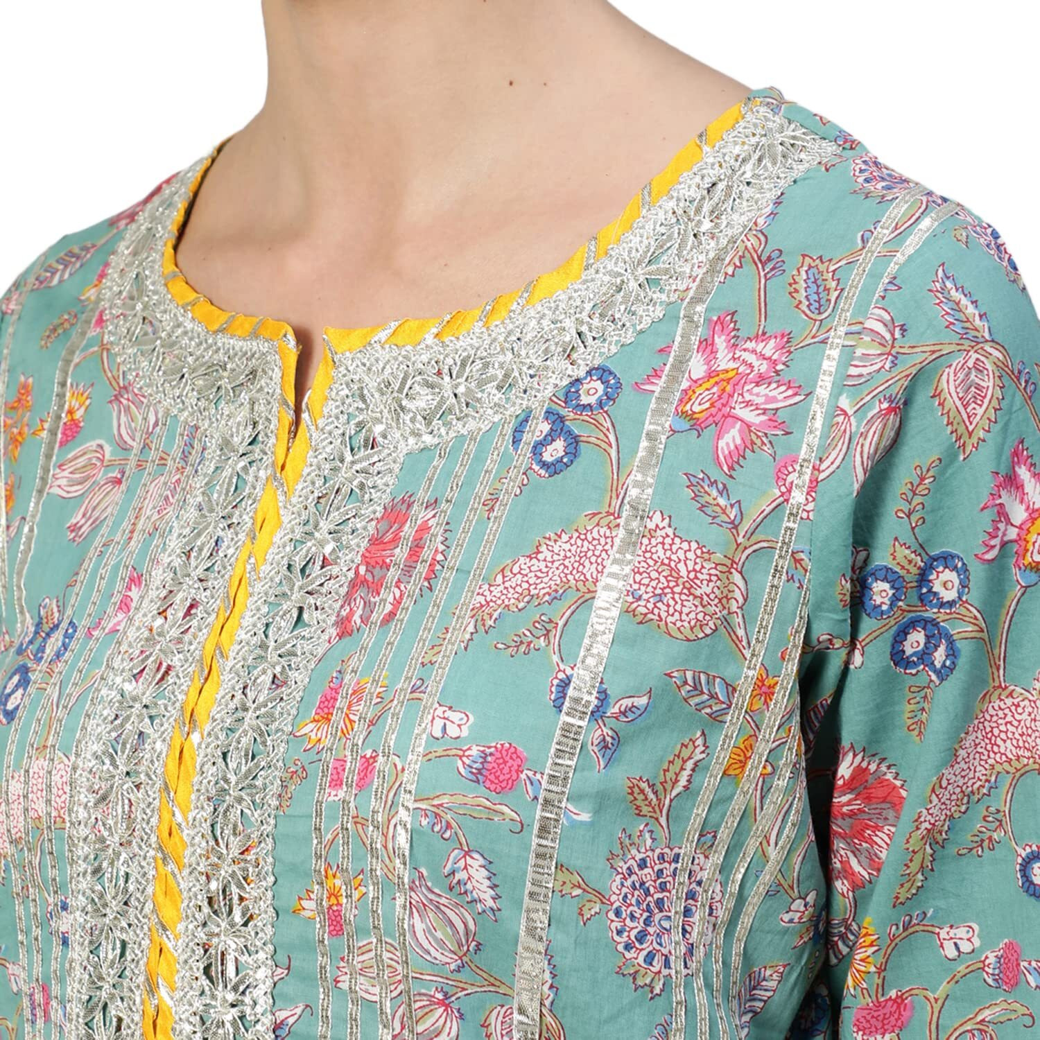 Ishin Women's Blue Gotta Patti Embroidered A-Line Kurta Set With Sharara And Dupatta