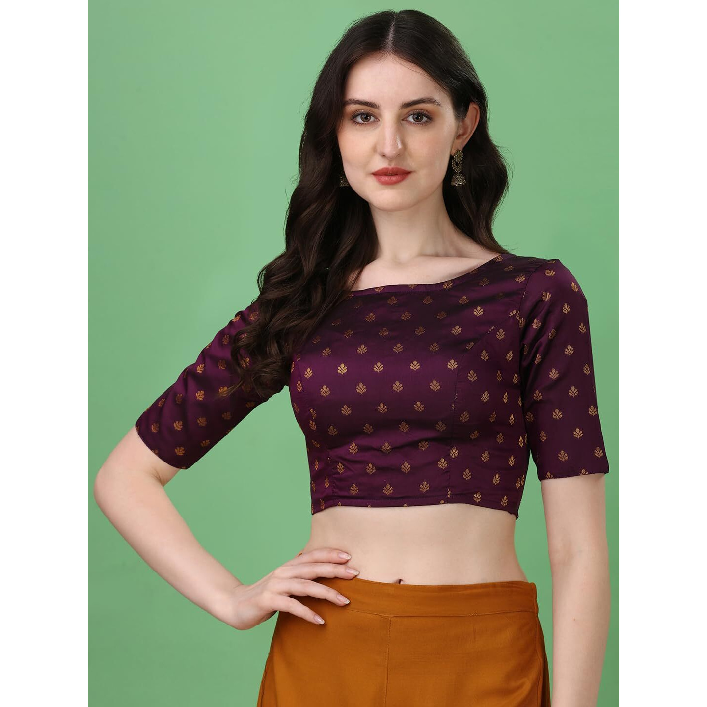 Oomph Readymade Blouse For Women, Brocade, Purple, Boat Neck