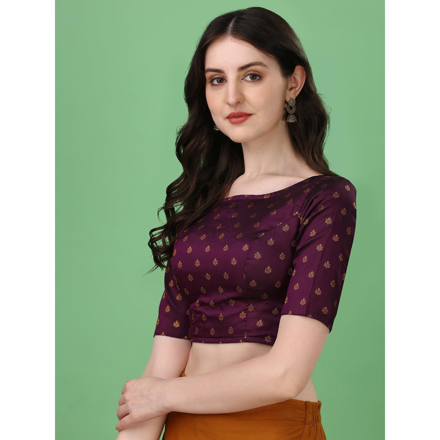 Oomph Readymade Blouse For Women, Brocade, Purple, Boat Neck