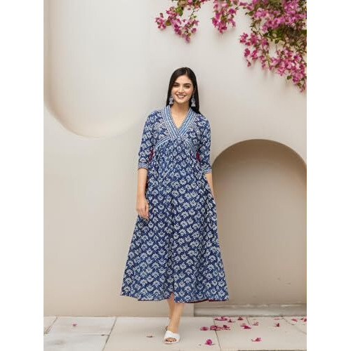 Ishin Floral Printed V-Neck Cottonindigo Dress