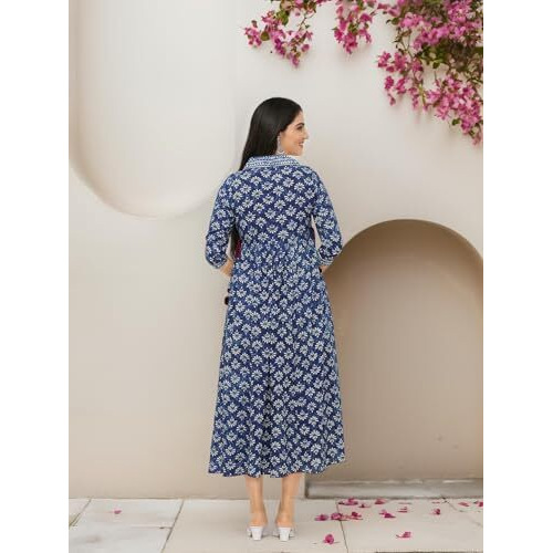 Ishin Floral Printed V-Neck Cottonindigo Dress