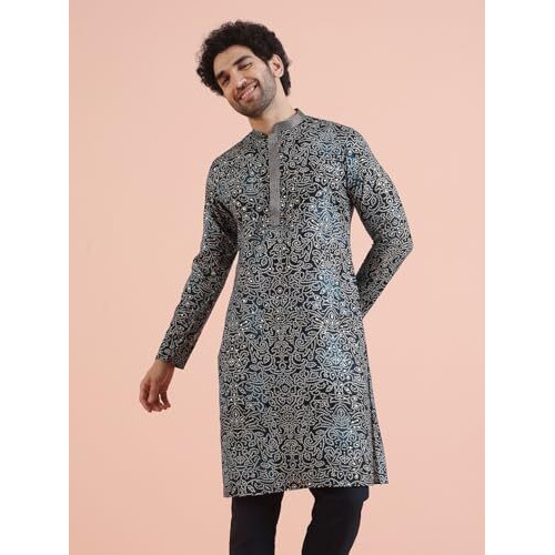 Kisah Men's Cotton Blend Regular Kurta (Ka-1071_Navy Blue