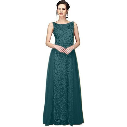 Patlani Women's Net Embroidery Aline-Flered Gown Dress For Women Full Stitched Gown Ready To Wear.(All Over-Teal-L)