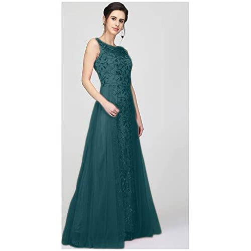 Patlani Women's Net Embroidery Aline-Flered Gown Dress For Women Full Stitched Gown Ready To Wear.(All Over-Teal-L)