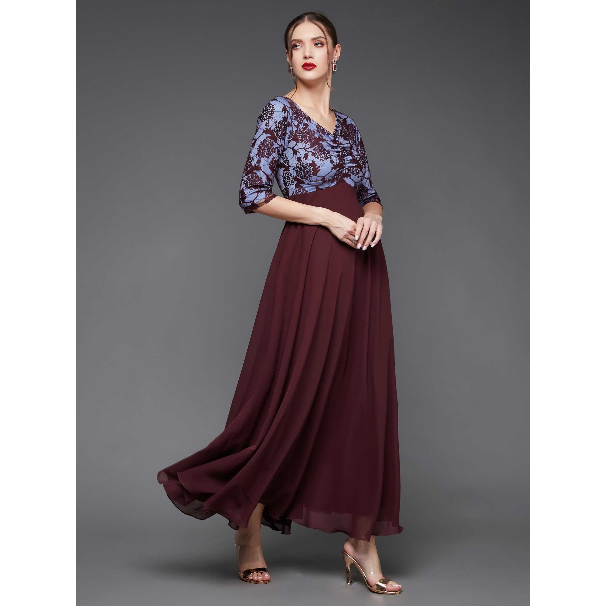 Miss Chase Women's Sweet Heart Neck 3/4 Sleeve Self Design Fit & Flare Maxi Dress With Pockets (Mcss23D79-06-184-08, Wine, 3Xl)
