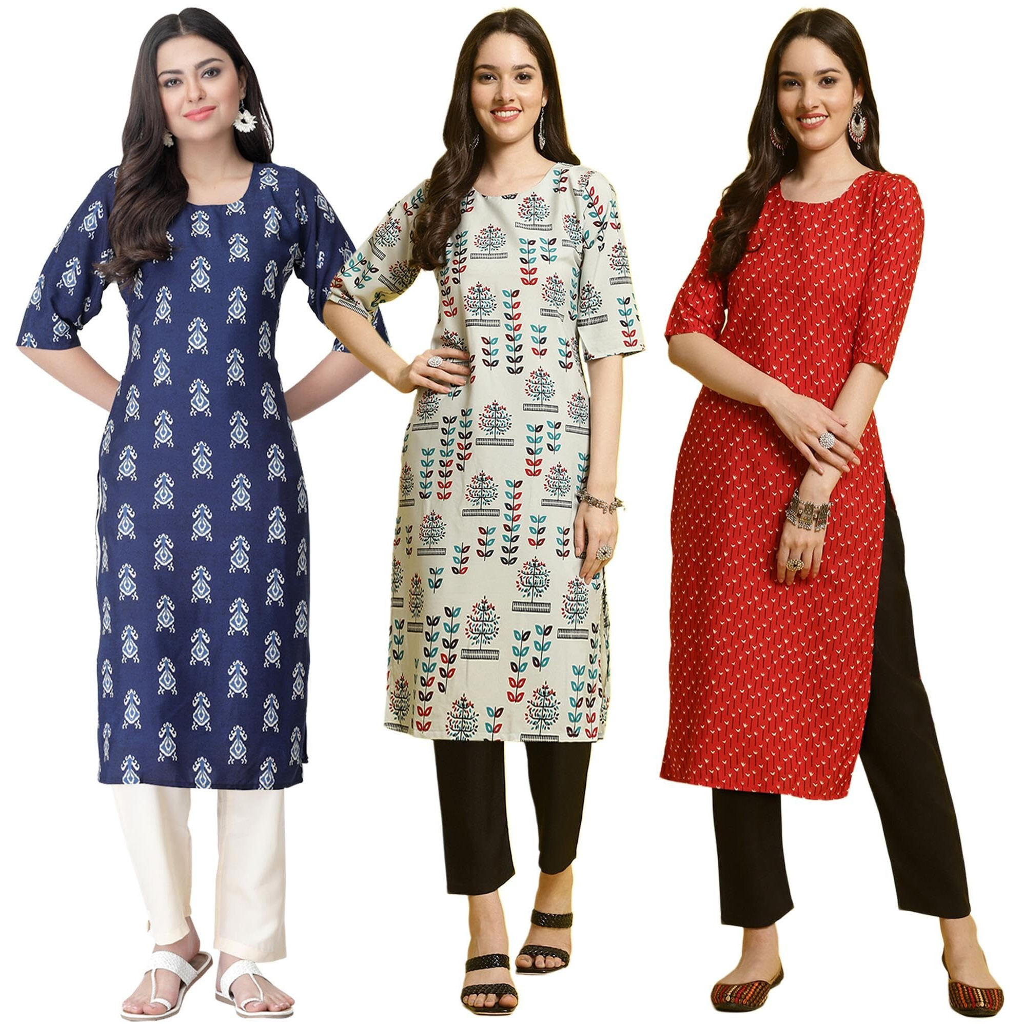 Pinkmint Women's Crepe Printed Kurta Pant Straight Kurta Set For Women(Pack Of 3)