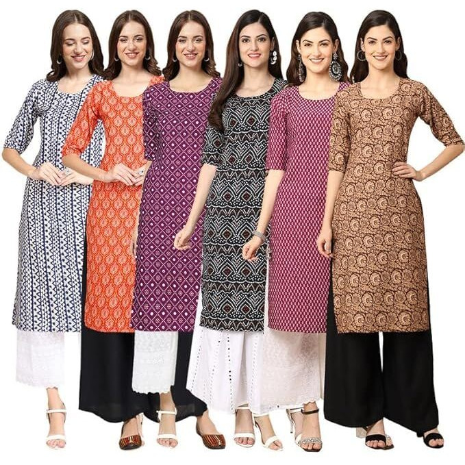 Pinkmint Women's Crepe Digital Print Straight Kurta [Pack Of 6] Multicolour