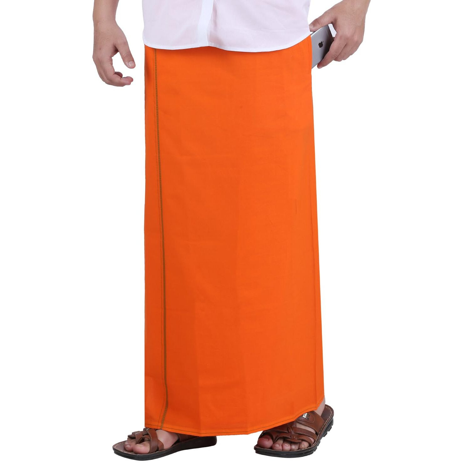 Prakasam Cotton Mens Orange Velcro Pocket Single Dhoti - Medium (Hip Size 34 To 40)