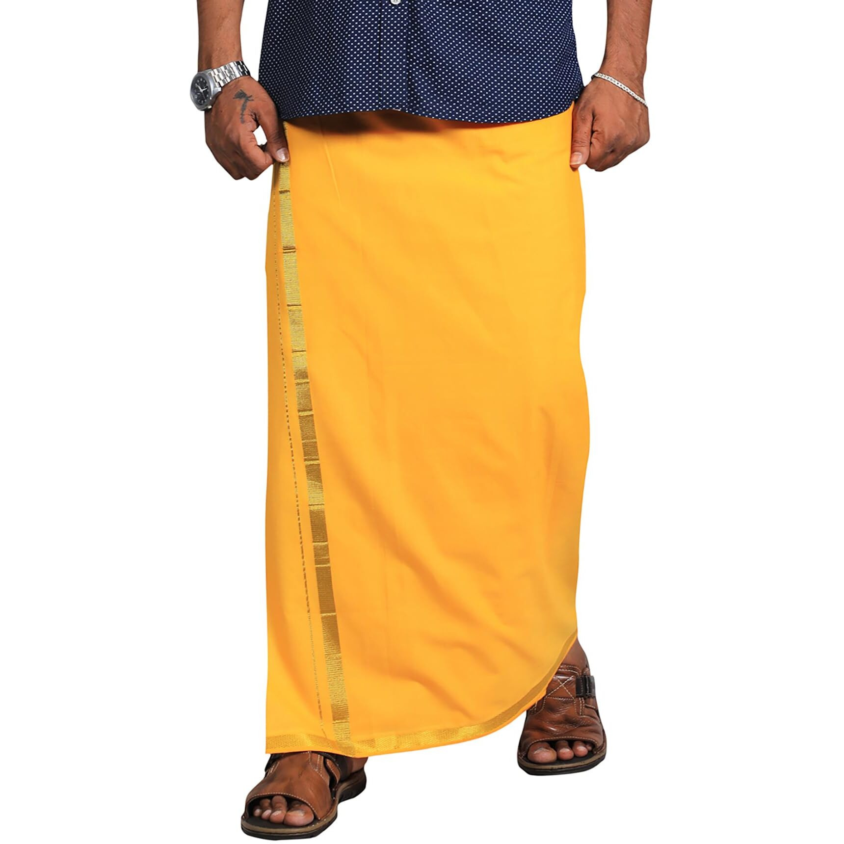 Prakasam Cotton Mens Mango Colour Jari Cotton Flexi Size Welcro Pocket Dhoti (Jari-Mango) -Large