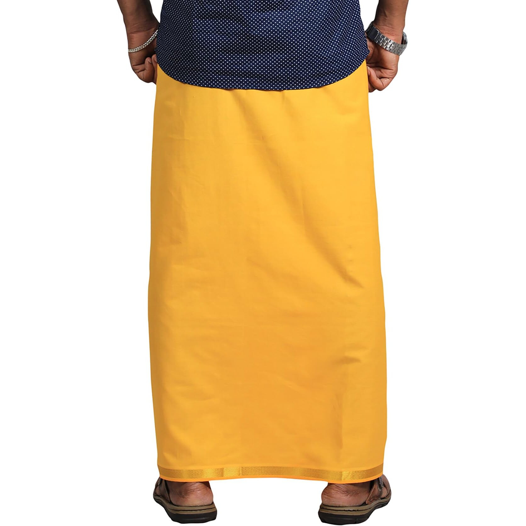 Prakasam Cotton Mens Mango Colour Jari Cotton Flexi Size Welcro Pocket Dhoti (Jari-Mango) -Large