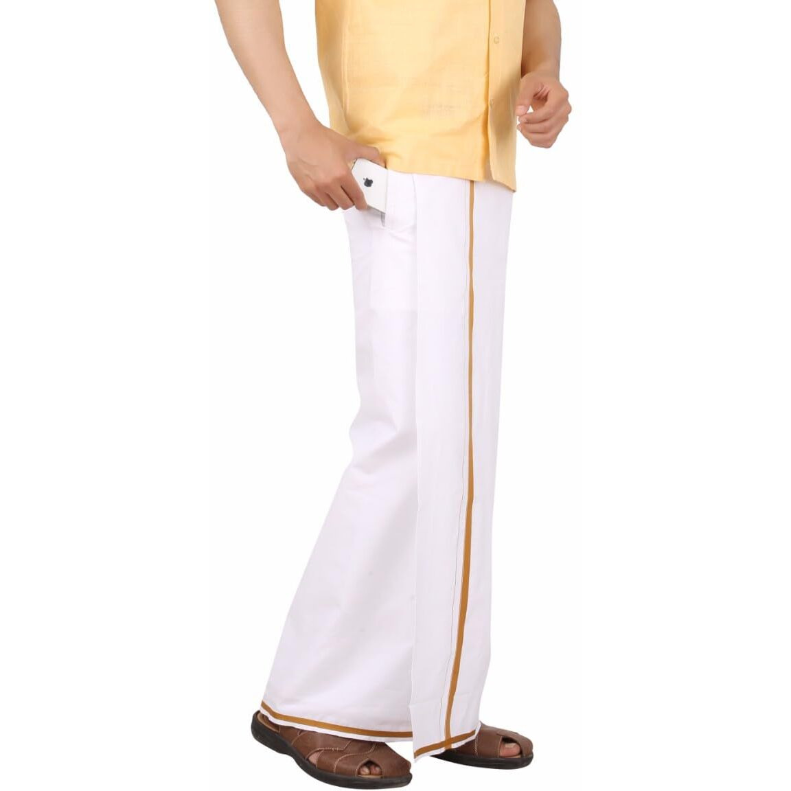 Prakasam Cotton -White Readymade Pocket Dhoti For Mens/Fine Quality White Readymade Dhoties For Mens- Gold Border