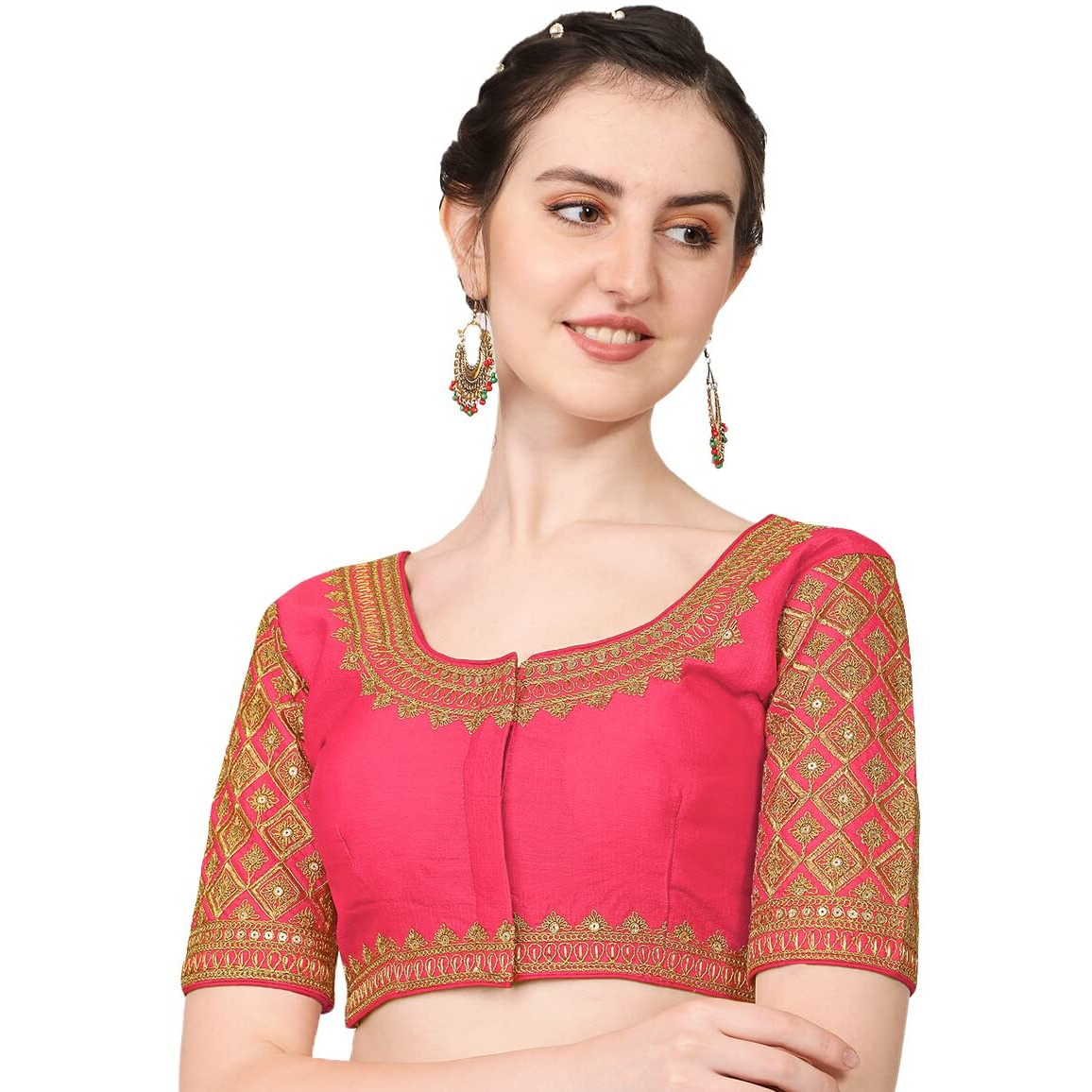 Pujia Mills Women's Silk Flower Embroidery Half Sleeve Blouse (Simba 2 New Parent_Gajri_38)