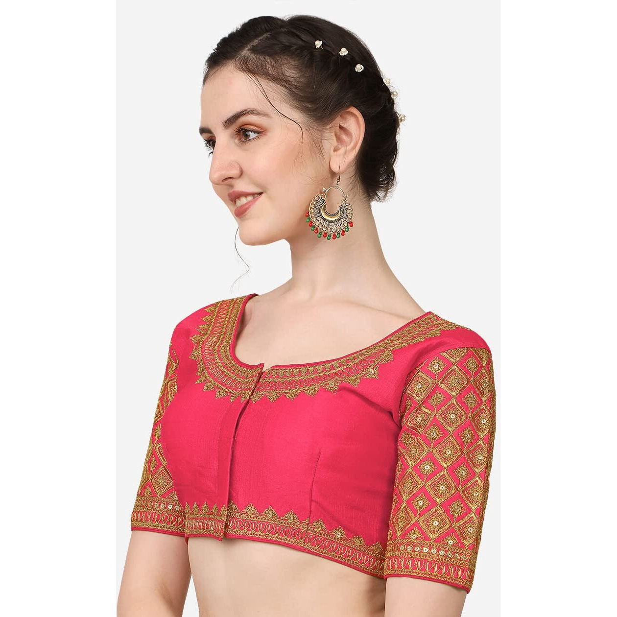 Pujia Mills Women's Silk Flower Embroidery Half Sleeve Blouse (Simba 2 New Parent_Gajri_38)