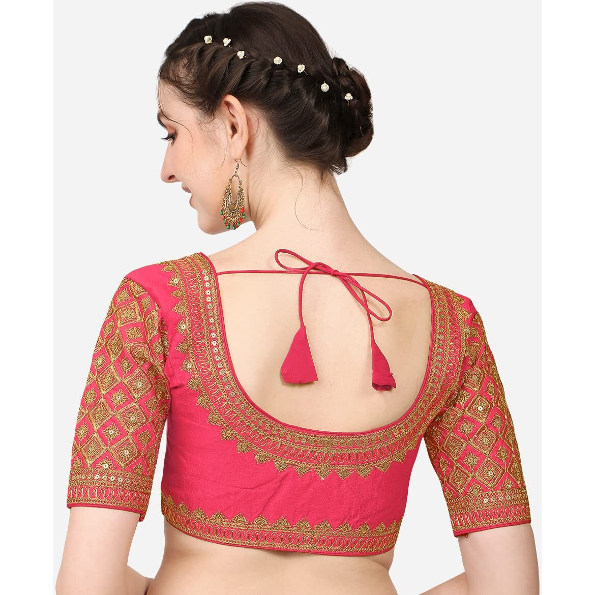 Pujia Mills Women's Silk Flower Embroidery Half Sleeve Blouse (Simba 2 New Parent_Gajri_38)