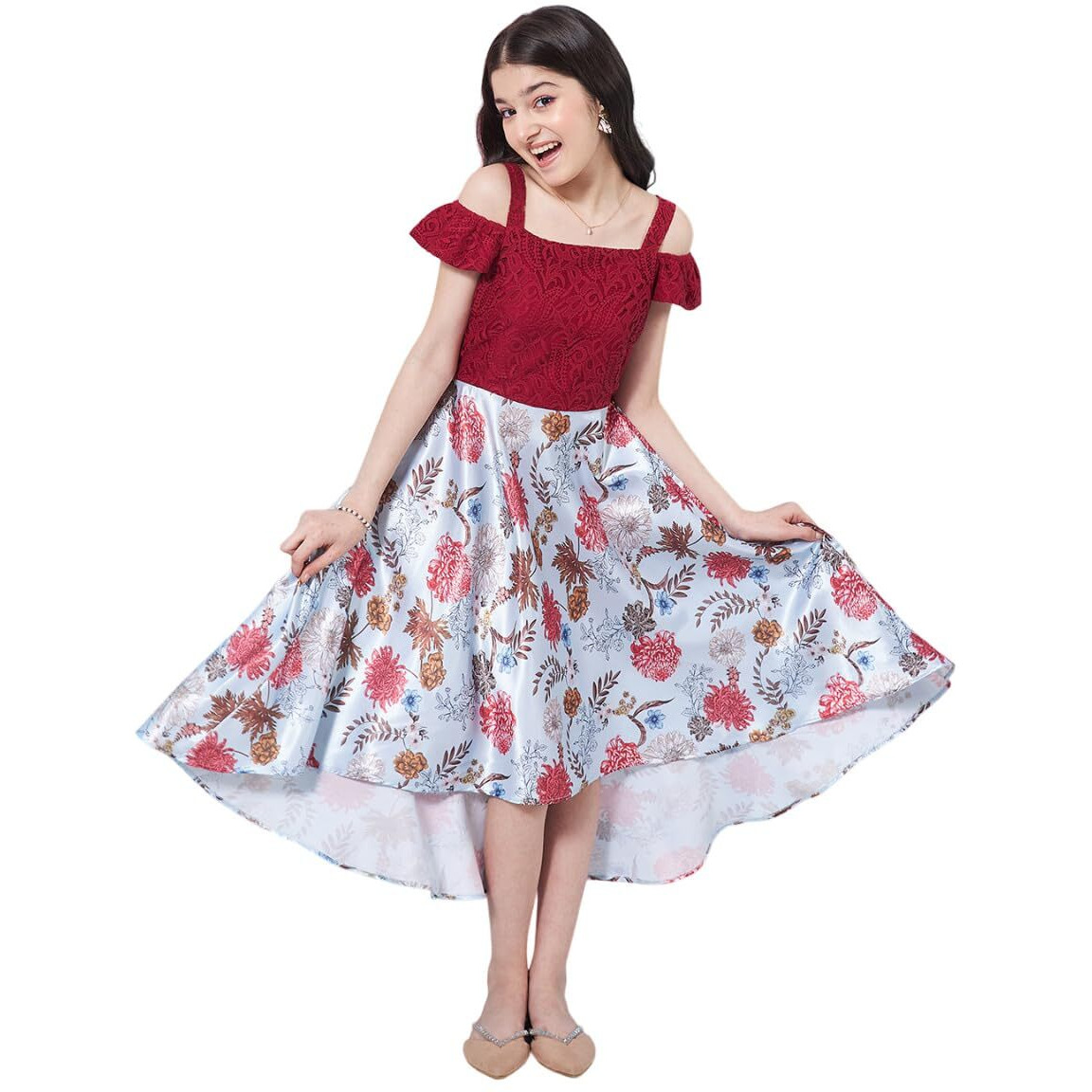 Pspeaches Girl's Floral Printed Cold-Shoulder Satin Fit Flare Midi Purple Dress Effortlessly Stylish And Elegant (12-13Years)