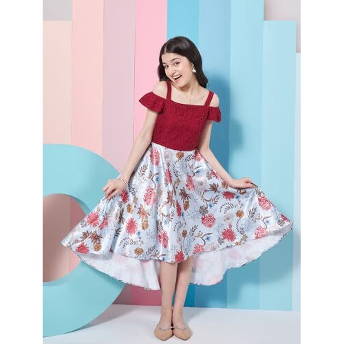 Pspeaches Girl's Floral Printed Cold-Shoulder Satin Fit Flare Midi Purple Dress Effortlessly Stylish And Elegant (12-13Years)