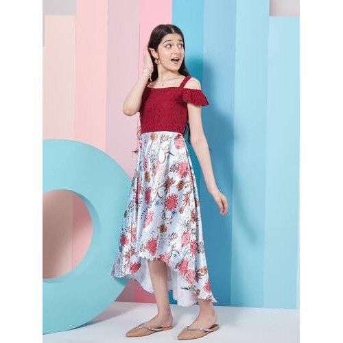 Pspeaches Girl's Floral Printed Cold-Shoulder Satin Fit Flare Midi Purple Dress Effortlessly Stylish And Elegant (12-13Years)