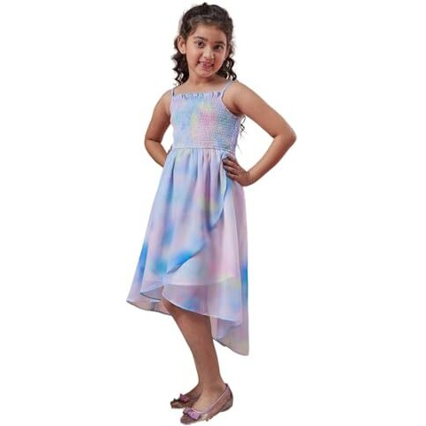 Pspeaches Girl's Tie Dye Shoulder Strap Georgette Fit Flare Midi Dress Stylish & Trendy (11-12Years) Multicolour