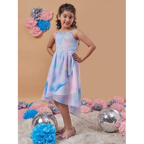 Pspeaches Girl's Tie Dye Shoulder Strap Georgette Fit Flare Midi Dress Stylish & Trendy (11-12Years) Multicolour