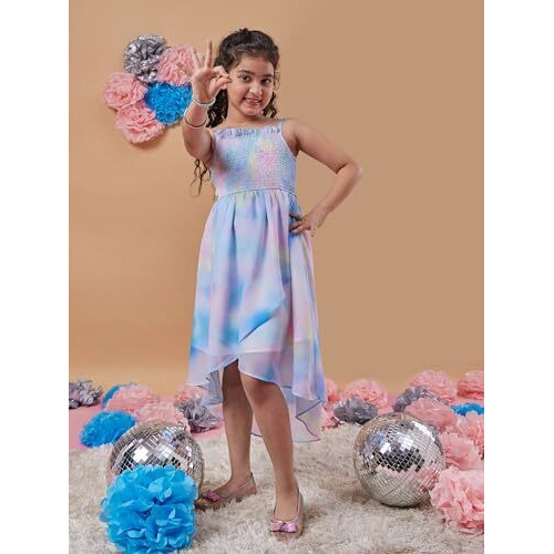 Pspeaches Girl's Tie Dye Shoulder Strap Georgette Fit Flare Midi Dress Stylish & Trendy (11-12Years) Multicolour
