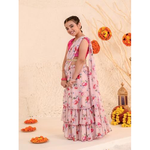 Pspeaches Girl's Polycotton Lehenga Choli (L-Peachrose_Peach_12-13Y)