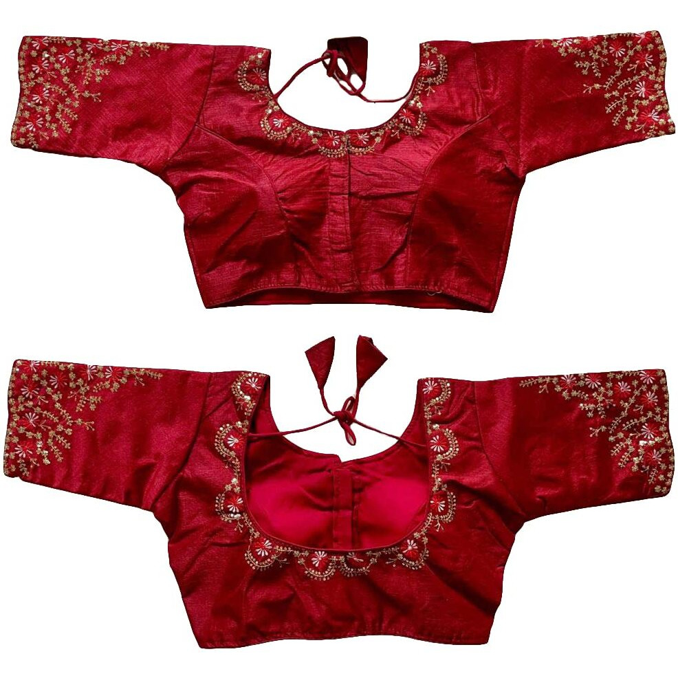 Pujia Mills Women's Silk Embroidery Sequence Work Half Sleeve Readymade Blouse (Maroon, 34)