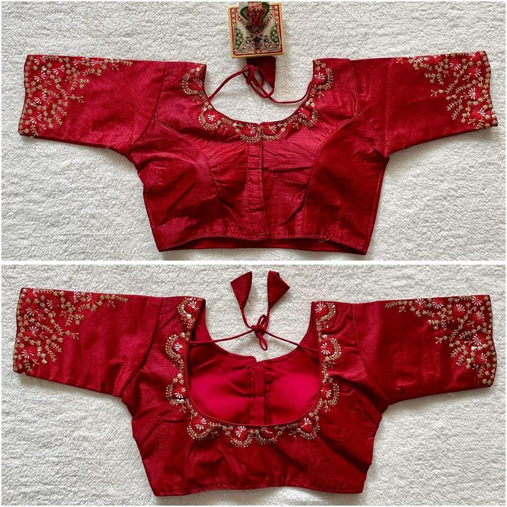 Pujia Mills Women's Silk Embroidery Sequence Work Half Sleeve Readymade Blouse (Maroon, 34)
