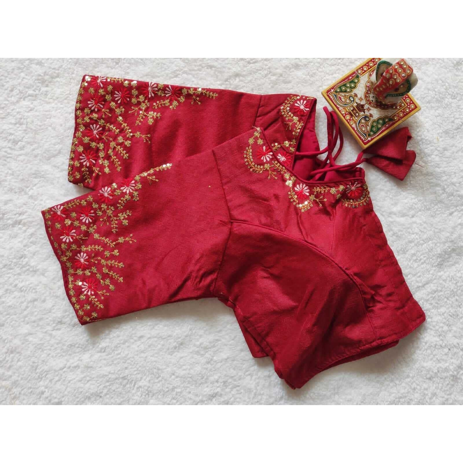 Pujia Mills Women's Silk Embroidery Sequence Work Half Sleeve Readymade Blouse (Maroon, 34)