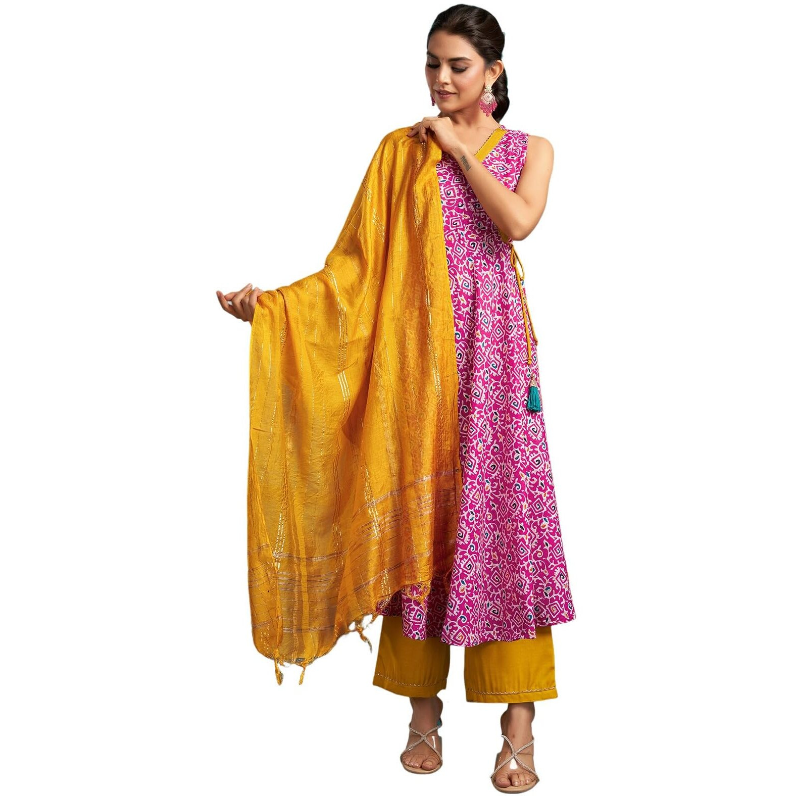 Sanisa Women's Cotton Blend Digital Foil Printed Anarkali Kurta With Pant And Dupatta Set (67Kbd765Nb-S_Pink & Multi)